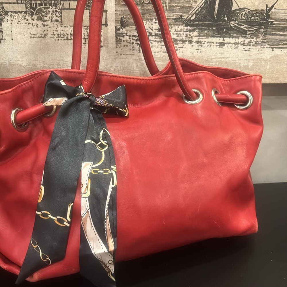 Furla Red Leather Satchel with Unbranded Twilly Detail EUC - Picture 15 of 16